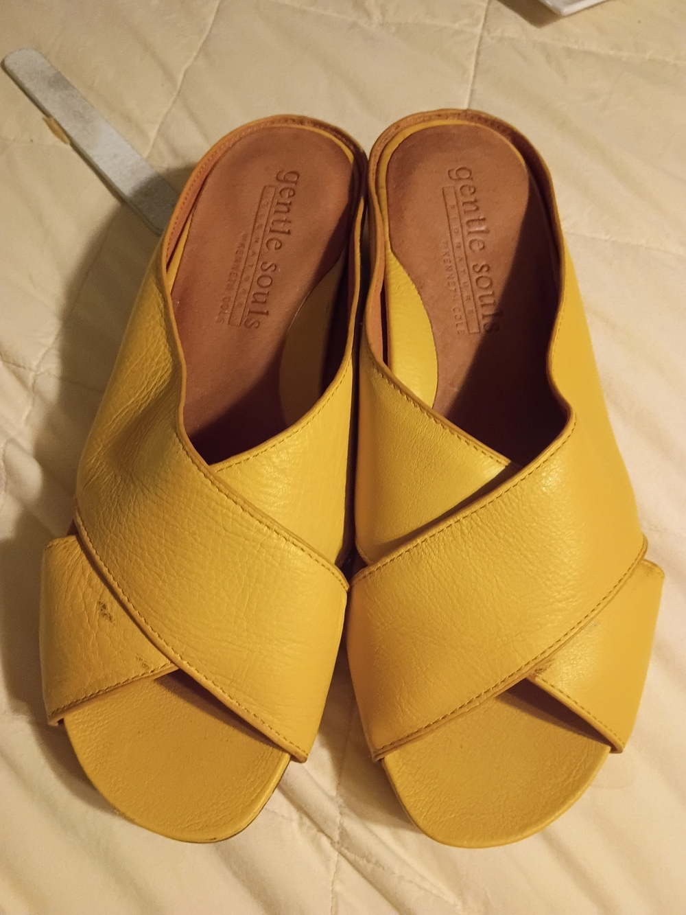 Gentle Souls Yellow Leather Crisscross Slide Sandals